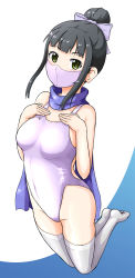 Rule 34 | 1girl, black hair, black thighhighs, blue scarf, blunt bangs, commentary request, competition swimsuit, full body, green eyes, hair bun, hamaguchi ayame, haruno yomogi, highres, idolmaster, idolmaster cinderella girls, looking at viewer, mask, mouth mask, one-piece swimsuit, scarf, single hair bun, solo, swimsuit, thighhighs, white one-piece swimsuit