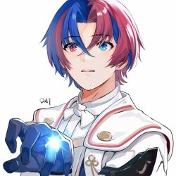 Rule 34 | 1boy, alear (fire emblem), alear (male) (fire emblem), blue eyes, blue hair, da-cart, fire emblem, fire emblem engage, gloves, hair between eyes, heterochromia, highres, jewelry, looking at viewer, male focus, multicolored hair, nintendo, open mouth, red eyes, red hair, ring, short hair, solo, two-tone hair, white background