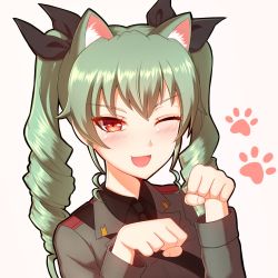 Rule 34 | 10s, 1girl, anchovy (girls und panzer), animal ears, cat ears, drill hair, fang, girls und panzer, green hair, highres, mikhail n, open mouth, red eyes, ribbon, smile, solo, twin drills, twintails