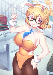 Rule 34 | 1girl, alternate costume, animal ears, armpits, bare back, bare shoulders, between breasts, black pantyhose, blonde hair, blue archive, blue necktie, blurry, braid, breasts, cleavage, commentary request, covered navel, depth of field, detached collar, fake animal ears, fur bracelet, glasses, hair between eyes, hair ornament, hairband, hairclip, halo, hammer, hand on own hip, highleg, highleg leotard, highres, indoors, kotori (blue archive), large breasts, leotard, looking at viewer, necktie, necktie between breasts, orange eyes, pantyhose, playboy bunny, pointing, pointing up, rabbit ears, short hair, sidelocks, single braid, sleeveless, smile, solo, strapless, strapless leotard, takano itsuki, toolbox, yellow leotard