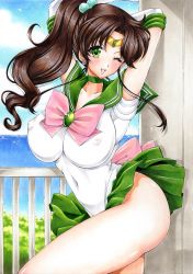 Rule 34 | 1girl, absurdres, arm above head, arms behind head, bishoujo senshi sailor moon, blush, bow, breasts, brown hair, choker, cloud, covered erect nipples, covered navel, day, earrings, elbow gloves, female focus, gloves, green choker, green eyes, highres, hmdark-9, jewelry, kino makoto, large breasts, leotard, long hair, looking at viewer, navel, no panties, ocean, one eye closed, open mouth, pink bow, ponytail, sailor jupiter, school uniform, see-through, serafuku, sky, smile, solo, tiara, traditional media, water, white gloves, wink