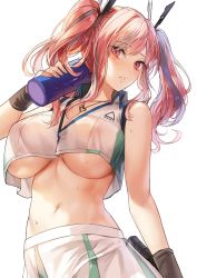 Rule 34 | 1girl, azur lane, bare shoulders, breasts, bremerton (azur lane), bremerton (scorching-hot training) (azur lane), cleavage, collared shirt, crop top, crop top overhang, covered erect nipples, hair ornament, holding, jewelry, large breasts, long hair, looking at viewer, midriff, mole, mole under eye, multicolored hair, nakeuna, navel, necklace, no bra, parted lips, pink eyes, pink hair, shirt, simple background, skirt, sleeveless, sleeveless shirt, solo, stomach, sweat, sweatband, twintails, two-tone hair, underboob, upper body, white background, white shirt, white skirt