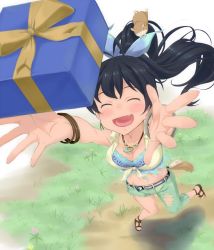 Rule 34 | 1girl, :d, ^ ^, animal, arms up, asymmetrical clothes, bad id, bad pixiv id, belt, black hair, blush, box, breasts, capri pants, cleavage, closed eyes, crop top, fang, feet, from above, front-tie top, full body, ganaha hibiki, gift, gift box, grass, hamster, hamuzou, idolmaster, idolmaster (classic), long hair, medium breasts, navel, no socks, open mouth, outstretched hand, palms, pants, ponytail, sandals, sashisu, shirt, smile, solo, thighhighs, tied shirt, toes, torn clothes, torn pants, torn thighhighs