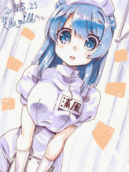 Rule 34 | 10s, 1girl, blue eyes, blue hair, breasts, breasts squeezed together, clipboard, commentary request, curtains, dated, double bun, gloves, hair bun, hat, kantai collection, large breasts, long hair, looking at viewer, miuku (marine sapphire), name tag, nurse, nurse cap, open mouth, signature, solo, urakaze (kancolle)
