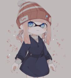 Rule 34 | 1girl, absurdres, beanie, blue eyes, closed mouth, commentary request, grey background, hat, highres, inkling, inkling girl, inkling player character, koke (banburu be x), low twintails, medium hair, nintendo, orange hair, pointy ears, red hat, short twintails, simple background, smile, solo, splatoon (series), tentacle hair, twintails, two-tone hat, two-tone headwear, white hat