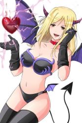 Rule 34 | 1girl, adjusting hair, bare shoulders, bat wings, bikini, black bikini, black gloves, black thighhighs, blonde hair, breasts, brown eyes, choker, cleavage, collarbone, demon girl, demon tail, demon wings, dutch angle, electricity, female focus, gloves, hand in own hair, heart, higurashi no naku koro ni, horns, jewelry, jpeg artifacts, long hair, multiple wings, naughty face, navel, necklace, open mouth, ribbon, simple background, smile, solo, standing, strapless, swimsuit, tail, takano miyo, thighhighs, tube top, white background, wings, yuumare