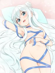 Rule 34 | 1girl, :d, absurdres, aqua hair, armpits, blue eyes, blue ribbon, braid, breasts, commentary request, crown braid, double bun, hair bun, hair spread out, hand on own stomach, highres, indie virtual youtuber, long hair, looking at viewer, lying, naked ribbon, nude, on back, open mouth, pillow, ribbon, shiraha maru, shirahane urumi, small breasts, smile, solo, very long hair, virtual youtuber