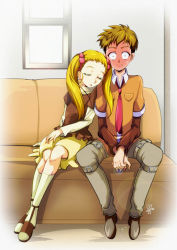 Rule 34 | 1boy, 1girl, amai shirou, between legs, blonde hair, brown hair, brown shirt, closed eyes, closed mouth, collared shirt, couch, embarrassed, grey pants, hair ornament, hand between legs, indoors, kasugano urara (yes! precure 5), layered sleeves, leaning to the side, lens flare, long hair, long sleeves, miniskirt, necktie, open mouth, orange shirt, pants, pink skirt, precure, red necktie, shirt, short hair, short over long sleeves, short sleeves, sitting, skirt, sleeping, sweatdrop, tomo5656ky, twintails, wing collar, yes! precure 5, yes! precure 5 gogo!