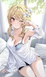 Rule 34 | 1girl, absurdres, blonde hair, blue bra, blush, bra, breasts, cleavage, collarbone, collared shirt, flower, genshin impact, hair between eyes, hair flower, hair ornament, highres, lace, lace-trimmed bra, lace trim, large breasts, long hair, long sleeves, looking at viewer, lumine (genshin impact), one eye closed, shirt, short hair with long locks, short shorts, shorts, sidelocks, single bare shoulder, solcha, solo, thighs, underwear, white flower, yellow eyes