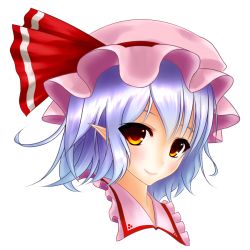 Rule 34 | 1girl, blue hair, bow, collared shirt, frilled shirt, frills, gradient eyes, hat, hat bow, junior27016, looking at viewer, mob cap, multicolored eyes, orange eyes, pointy ears, portrait, remilia scarlet, shirt, smile, solo, touhou, transparent background