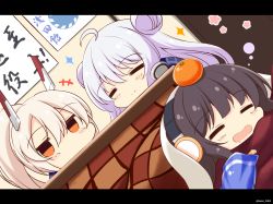 Rule 34 | +++, 3girls, = =, ahoge, ayanami (azur lane), azur lane, bag of chips, black hair, blush stickers, chips (food), closed eyes, closed mouth, commentary request, double bun, drooling, dutch angle, food, fruit, hair between eyes, hair bun, headgear, headphones, highres, indoors, kamishiro (rsg10679), kotatsu, le malin (azur lane), letterboxed, light brown hair, long hair, long island (azur lane), mandarin orange, mouth drool, multiple girls, open mouth, ponytail, potato chips, silver hair, sparkle, table, under kotatsu, under table