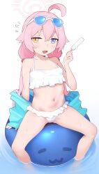 Rule 34 | 1girl, absurdres, ahoge, bare arms, bare legs, bare shoulders, bikini, blue-tinted eyewear, blue archive, blue eyes, blush, eyewear on head, flying sweatdrops, food, frilled bikini, frills, hair bobbles, hair ornament, halo, heterochromia, highres, holding, holding food, hoshino (blue archive), hoshino (swimsuit) (blue archive), inflatable toy, inflatable whale, jacket, long hair, looking at viewer, low twintails, melting, navel, official alternate costume, open mouth, pink hair, popsicle, rong hui, smile, soaking feet, solo, spread legs, stomach, sunglasses, swimsuit, tinted eyewear, twintails, water, white bikini, yellow eyes