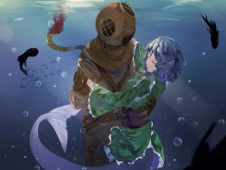Rule 34 | 1girl, 1other, air bubble, animal, asphyxiation, blood, blue hair, broken, bubble, closed eyes, closed mouth, commentary, dancing, diving, diving helmet, diving suit, drowning, english commentary, facing another, fins, fish, frilled kimono, frills, green kimono, hand on another&#039;s shoulder, head fins, helmet, highres, holding hands, hose, japanese clothes, kimono, long sleeves, mermaid, monster girl, naufaldreamer, obi, red eyes, sash, scuba, scuba gear, short hair, silhouette, swimming, touhou, underwater, wakasagihime, wide sleeves