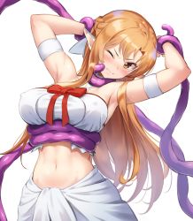 Rule 34 | 1girl, armpits, asuna (sao), bare shoulders, blush, braid, breasts, brown eyes, brown hair, commentary request, ear covers, elf, highres, holiday (pangjelly), large breasts, long hair, looking at viewer, midriff, navel, one eye closed, pointy ears, restrained, simple background, solo, stomach, sword art online, tentacles, titania (sao), white background