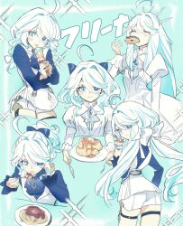 Rule 34 | 2girls, ahoge, alternate hairstyle, ascot, blue ascot, blue background, blue bow, blue eyes, blue gemstone, blue hair, blue pupils, blue shirt, blush, bow, butter, commentary, crepe, doughnut, drop-shaped pupils, eating, food, fork, furina (genshin impact), gem, genshin impact, grey ascot, hair bow, heterochromia, highres, holding, holding fork, holding knife, ice cream, knife, long hair, looking at viewer, maple syrup, multicolored hair, multiple girls, multiple views, open mouth, pancake, pancake stack, pasta, plate, ponytail, shirt, short shorts, shorts, skindentation, smug, spaghetti, streaked hair, symbol-shaped pupils, talesofmea, tongue, tongue out, twintails, utensil, very long hair, white bow, white hair