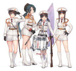 Rule 34 | 4girls, :d, adjusting clothes, adjusting headwear, arm up, black gloves, black hair, black headwear, blue eyes, boots, brown eyes, brown hair, closed mouth, collared shirt, commentary, drum, drumsticks, english commentary, epaulettes, flag, genso, gloves, gun, hat, high heel boots, high heels, highres, holding, holding flag, holding gun, holding weapon, instrument, jacket, knee boots, low ponytail, low twintails, multiple girls, necktie, open mouth, original, parted bangs, peaked cap, pleated skirt, ponytail, red eyes, red necktie, shadow, shirt, simple background, skirt, smile, standing, twintails, weapon, weapon request, white background, white footwear, white headwear, white jacket, white shirt, white skirt, yamaha