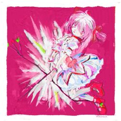 Rule 34 | 1girl, blush, border, bow, bow (weapon), bubble skirt, character name, choker, emikkzo, faux traditional media, frilled skirt, frills, hair between eyes, hair ribbon, heel up, highres, holding, holding bow (weapon), holding weapon, impasto, kaname madoka, looking at viewer, mahou shoujo madoka magica, medium hair, open mouth, painterly, pantyhose, pink background, pink eyes, pink hair, puffy short sleeves, puffy sleeves, red bow, red choker, red footwear, red ribbon, ribbon, short sleeves, short twintails, signature, skirt, solo, twintails, weapon, white border, white pantyhose