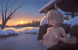 Rule 34 | 1girl, alcohol, bigrbear, blonde hair, breasts, collarbone, cup, green eyes, highres, holding, holding cup, horns, looking at viewer, mask, mask on head, medium breasts, nipples, nude, onsen, original, outdoors, partially submerged, sake, short hair, snow, solo, sun, sunset, tree, upper body, water
