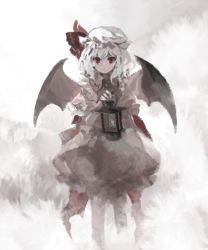 Rule 34 | 1girl, back bow, bat wings, bow, commentary request, dress, feet out of frame, hair between eyes, hat, highres, holding lamp, kaigen 1025, looking at viewer, mob cap, pink dress, pink hat, puffy short sleeves, puffy sleeves, red bow, red eyes, remilia scarlet, short hair, short sleeves, silver hair, solo, standing, touhou, white background, wings