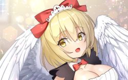 Rule 34 | 1girl, angel wings, blonde hair, bow, bowtie, breasts, cleavage, cleavage cutout, clothing cutout, collared dress, commentary request, dress, eyelashes, feathered wings, gengetsu (touhou), hair bow, large breasts, maid headdress, open mouth, red bow, red bowtie, sea scorpion (umisasori), short hair, short sleeves, touhou, touhou (pc-98), white wings, wings, yellow eyes