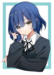 Rule 34 | 1girl, black ribbon, black sweater, blue hair, bocchi the rock!, closed mouth, commentary, cropped torso, crossed arms, head rest, highres, keito4f, long sleeves, looking at viewer, mole, mole under eye, neck ribbon, ribbon, school uniform, shimokitazawa high school uniform, shirt, short hair, simple background, solo, sweater, upper body, white background, white shirt, yamada ryo, yellow eyes
