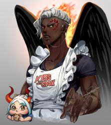 Rule 34 | 1boy, 1girl, :&gt;, apron, artist request, babysitter, braid, carrying, child, cooking, dark skin, eating, english text, expressionless, fire, highres, horns, king (one piece), long hair, looking at viewer, medium hair, one piece, open clothes, pectorals, piercing, red eyes, serious, simple background, single braid, size difference, white hair, wings, yamato (one piece), yellow eyes, aged down