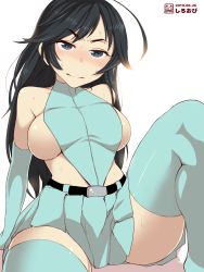 Rule 34 | 1girl, absurdres, aoshidan school uniform, bare shoulders, black hair, blue eyes, blue gloves, blue skirt, blue thighhighs, blush, breasts, closed mouth, dated, elbow gloves, girls und panzer, gloves, groin, highres, isuzu hana, large breasts, long hair, looking at viewer, no bra, pleated skirt, school uniform, shiny skin, shiroobi (whitebeltmaster), simple background, skirt, solo, sweat, thighhighs, white background