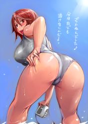 Rule 34 | 1girl, ass, blue background, breasts, brown hair, camera, curvy, gradient background, huge breasts, one-piece swimsuit, red eyes, red hair, rozen maiden, short hair, single-lens reflex camera, solo, souseiseki, standing, swimsuit, thick thighs, thighs, tsuda nanafushi
