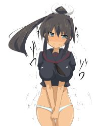 Rule 34 | 1girl, between legs, black neckerchief, blue sailor collar, blue shirt, blush, breasts, brown hair, closed mouth, cowboy shot, crop top, dark-skinned female, dark skin, embarrassed, female focus, hair ribbon, hand between legs, have to pee, highres, homura (senran kagura), japanese text, large breasts, long hair, looking to the side, neckerchief, own hands together, panties, ponytail, ribbon, sailor collar, school uniform, senran kagura, serafuku, shiny clothes, shiny skin, shirt, short sleeves, simple background, solo, standing, sweat, t=k, translation request, trembling, underwear, v arms, white background, white panties