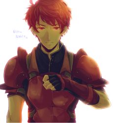 Rule 34 | 1boy, armor, crying, fingerless gloves, fire emblem, fire emblem echoes: shadows of valentia, gloves, glowing, glowing eyes, highres, lukas (fire emblem), male focus, matumuraaaa, nintendo, red armor, red eyes, red hair, simple background, solo, upper body, white background