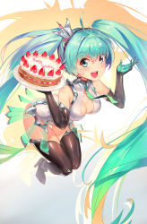 Rule 34 | 1girl, :d, ahoge, aqua eyes, aqua hair, ass, bare shoulders, black gloves, black thighhighs, blush, breasts, cake, cleavage, duan henglong, elbow gloves, food, fruit, gloves, happy birthday, hatsune miku, high heels, highres, long hair, looking at viewer, medium breasts, necktie, open mouth, race queen, racing miku, revision, smile, solo, strawberry, thighhighs, twintails, very long hair, vocaloid