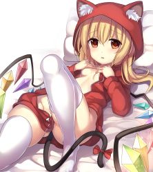 Rule 34 | 1girl, animal ears, animal hood, blonde hair, blush, breasts, cat ears, cat hood, cat tail, flandre scarlet, hair ribbon, highres, hood, hoodie, janne cherry, kemonomimi mode, long hair, lying, naked hoodie, on back, pillow, red eyes, revision, ribbon, simple background, small breasts, solo, tail, thighhighs, touhou, white background, white thighhighs, wings