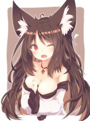 1girl ahoge animal_ear_fluff animal_ears bare_shoulders blush breasts brown_background brown_hair cleavage commentary_request cropped_torso daidai_ookami dress fang hand_up heart highres imaizumi_kagerou jewelry long_hair long_sleeves medium_breasts off-shoulder_dress off_shoulder one_eye_closed open_mouth outline parted_bangs pendant red_eyes sleeves_past_wrists solo touhou two-tone_background upper_body very_long_hair white_background white_dress white_outline wide_sleeves wolf_ears