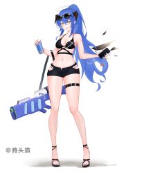 Rule 34 | 1girl, absurdres, arknights, artist name, bare arms, bare legs, bare shoulders, bikini, black bikini, black shorts, blue eyes, blue hair, blue nails, can, cellphone, commentary request, earrings, exusiai (arknights), full body, hair between eyes, halo, highres, holding, holding can, holding phone, horns, jewelry, charm (object), mostima (arknights), nail polish, navel, phone, ponytail, sandals, short shorts, shorts, simple background, smartphone, solo, standing, stomach, sunglasses, swimsuit, thigh strap, thighs, toenail polish, toenails, water gun, white background, yatoumao