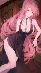 Rule 34 | 1girl, absurdres, alternate costume, bare shoulders, between breasts, breasts, brown eyes, cleavage, daichengqi, dress, earrings, exosister martha, feet out of frame, high ponytail, highres, initial, jewelry, large breasts, leaning to the side, long hair, pink hair, sideboob, solo, thighhighs, very long hair, yu-gi-oh!