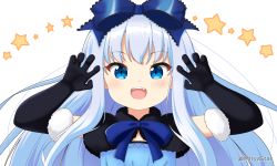 Rule 34 | 1girl, :d, black gloves, blue bow, blue dress, blue eyes, blue hair, blush, bow, character request, claw pose, commentary request, dress, elbow gloves, fang, fur-trimmed gloves, fur trim, gloves, hair bow, hands up, long hair, microsoft, mitya, open mouth, see-through, silverlight, simple background, smile, solo, star (symbol), teeth, twitter username, upper body, upper teeth only, white background