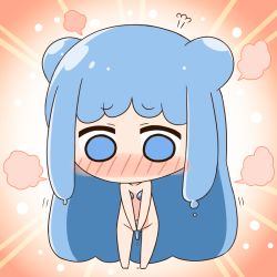 Rule 34 | 1girl, absurdly long hair, barefoot, blue eyes, blue hair, blush, bowing, chibi, collarbone, commentary request, convenient censoring, double bun, dripping, embarrassed, full body, hair bun, half slime-chan, hana kazari, long hair, looking down, monster girl, nose blush, nude, original, slime girl, solo, standing, very long hair