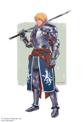 Rule 34 | 1boy, armor, blonde hair, blue eyes, breastplate, chain, character name, commission, deviantart username, full armor, full body, gauntlets, grey background, hair between eyes, holding, holding sword, holding weapon, leg armor, male focus, medieval, original, pauldrons, plate armor, rejean dubois, short hair, shoulder armor, simple background, solo, standing, sword, twitter username, two-tone background, watermark, weapon, web address, white background