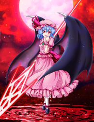 Rule 34 | 1girl, :d, bat wings, blue hair, dress, full moon, hat, hat ribbon, highres, hyoumon (saihokutan), looking at viewer, moon, open mouth, pink dress, red eyes, red moon, remilia scarlet, ribbon, ripples, short hair, smile, solo, spear the gungnir, standing, standing on liquid, touhou, wings