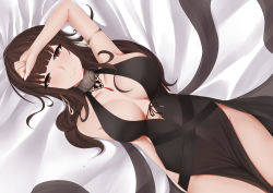 Rule 34 | 1girl, absurdres, arm on own head, armlet, bare shoulders, between thighs, blunt bangs, blush, breasts, brown hair, center opening, covered navel, cowboy shot, dress, dsr-50 (girls&#039; frontline), dsr-50 (highest bid) (girls&#039; frontline), from above, girls&#039; frontline, highres, jewelry, large breasts, long hair, looking at viewer, lying, necklace, no bra, no panties, official alternate costume, on back, painttool sai (medium), pelvic curtain, red eyes, rei no himo, sidelocks, smile, solo, suzishi ovo, very long hair