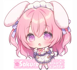 Rule 34 | 1girl, :o, animal ears, blush, bow, breasts, character name, cherry blossoms, chibi, cleavage, commentary request, dress, full body, hair bow, hand up, juliet sleeves, large breasts, long hair, long sleeves, looking at viewer, maid, maid headdress, open mouth, original, pink hair, puffy sleeves, purple bow, purple dress, purple eyes, purple footwear, rabbit ears, sakura (usashiro mani), simple background, solo, thighhighs, two side up, usashiro mani, very long hair, white background, white thighhighs