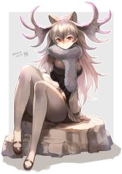 Rule 34 | 10s, 1girl, animal ears, antlers, black footwear, border, breasts, commentary request, dated, extra ears, full body, fur collar, grey background, grey pantyhose, hair between eyes, highres, horns, kakage, kemono friends, large breasts, long hair, long sleeves, looking at viewer, miniskirt, moose (kemono friends), moose ears, pantyhose, pleated skirt, red eyes, shoes, silver hair, sitting, skirt, smile, solo, two-tone background, white background