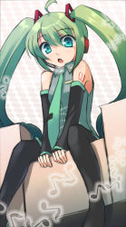Rule 34 | :o, aqua eyes, bad id, bad pixiv id, detached sleeves, green hair, hatsune miku, kakaon, long hair, musical note, necktie, pantyhose, solo, thighhighs, twintails, vocaloid