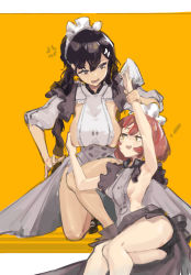 Rule 34 | !, 2girls, absurdres, anger vein, apron, armpits, bare arms, bare legs, black hair, grabbing another&#039;s breast, breasts, brown eyes, chinese commentary, commentary request, grabbing, grey apron, grey skirt, hair ornament, hairclip, highres, holding another&#039;s arm, kneeling, large breasts, long hair, maid, maid apron, maid headdress, mole, mole under eye, multiple girls, naked apron, open mouth, orange background, original, pink hair, revealing clothes, short hair, sideboob, simple background, skirt, small breasts, zygocactus