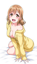 Rule 34 | 10s, 1girl, :d, arm support, bed sheet, blush, breasts, brown hair, cleavage, coat, collarbone, commentary request, highres, jacket, kunikida hanamaru, large breasts, long hair, long sleeves, looking at viewer, love live!, love live! sunshine!!, naked coat, no bra, off shoulder, open mouth, sitting, smile, solo, white background, yellow eyes, yellow jacket, yopparai oni