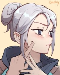 Rule 34 | 1girl, animification, beige background, blue eyes, blue jacket, blush, cheek poking, commentary, english commentary, grey hair, hair behind ear, hair bun, highres, hood, hooded jacket, jacket, jett (valorant), looking to the side, open hand, oran (lovekarthus), poking, portrait, pout, pov, sidelocks, single hair bun, solo focus, valorant