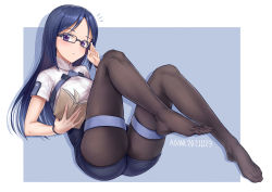 Rule 34 | 1girl, absurdres, adjusting eyewear, alice gear aegis, aomoro, artist name, blue hair, blue shorts, blush, book, brown pantyhose, commentary, dated, dated commentary, feet, full body, glasses, highres, holding, holding book, long hair, looking at viewer, momoshina fumika, no shoes, notice lines, open book, pantyhose, parted bangs, parted lips, purple eyes, shirt, short sleeves, shorts, simple background, solo, thigh strap, toes, white shirt