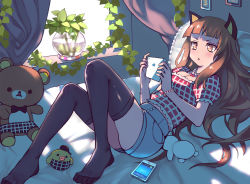 Rule 34 | 1girl, :&lt;, animal ears, apple inc., bad id, bad pixiv id, bed, black thighhighs, bracelet, breasts, brown hair, cellphone, cleavage, curtains, fishbowl, framed, highres, jewelry, long hair, lying, necklace, no shoes, on back, on bed, open mouth, original, phone, picture frame, pillow, plant, shorts, solo, stuffed animal, stuffed toy, teddy bear, thighhighs, zhuxiao517