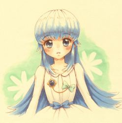 Rule 34 | 10s, 1girl, bad id, bad pixiv id, blue eyes, blue hair, blush, dress, eyelashes, happinesscharge precure!, long hair, looking at viewer, matching hair/eyes, open mouth, precure, ribbon, shirayuki hime, solo, standing, watayuki, white dress, yellow background