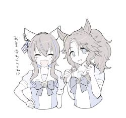 Rule 34 | 2girls, ^ ^, alternate hairstyle, animal ears, arm at side, blush, bow, bowtie, closed eyes, closed mouth, cropped torso, daitaku helios (umamusume), ear covers, fang, hair ornament, hairclip, hairstyle switch, hand on own hip, highres, holding, holding own hair, horse ears, long hair, looking at viewer, mejiro palmer (umamusume), multicolored hair, multiple girls, open mouth, pale color, parted lips, sailor collar, sangria (sangria69), school uniform, short sleeves, side ponytail, skin fang, smile, streaked hair, tracen school uniform, translation request, umamusume, upper body